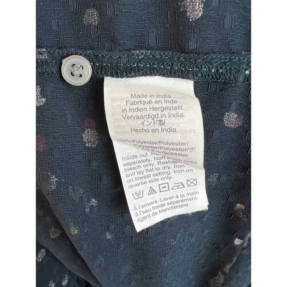J. Crew Popover Long Sleeve Navy Blue Multi Rainbow Clip Dot Chiffon Blouse M
